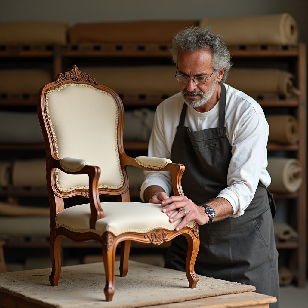 Artigiano al lavoro sul restauro di una poltrona d'epoca con tecniche tradizionali
