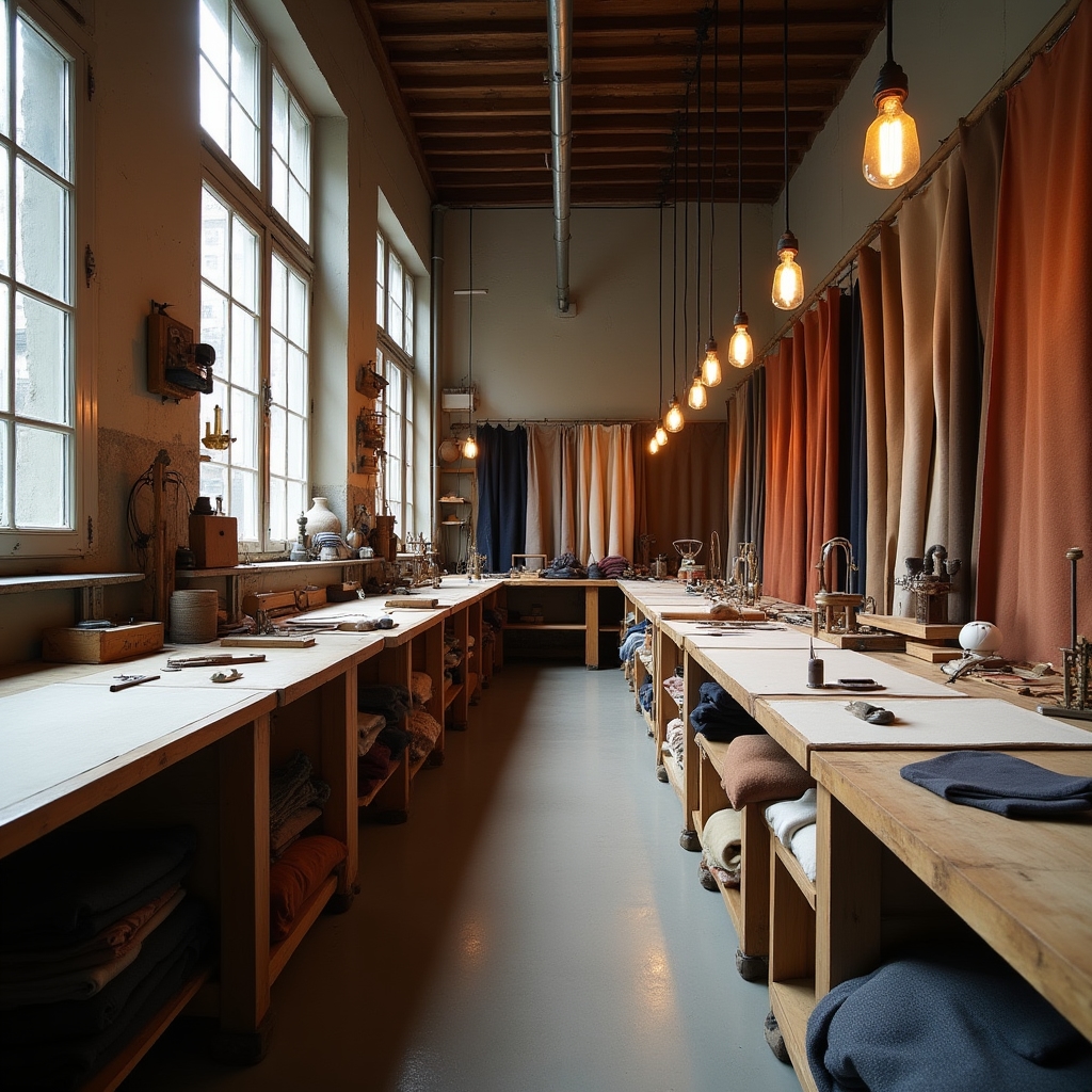 Interno del laboratorio di tappezzeria con strumenti tradizionali disposti su banco da lavoro