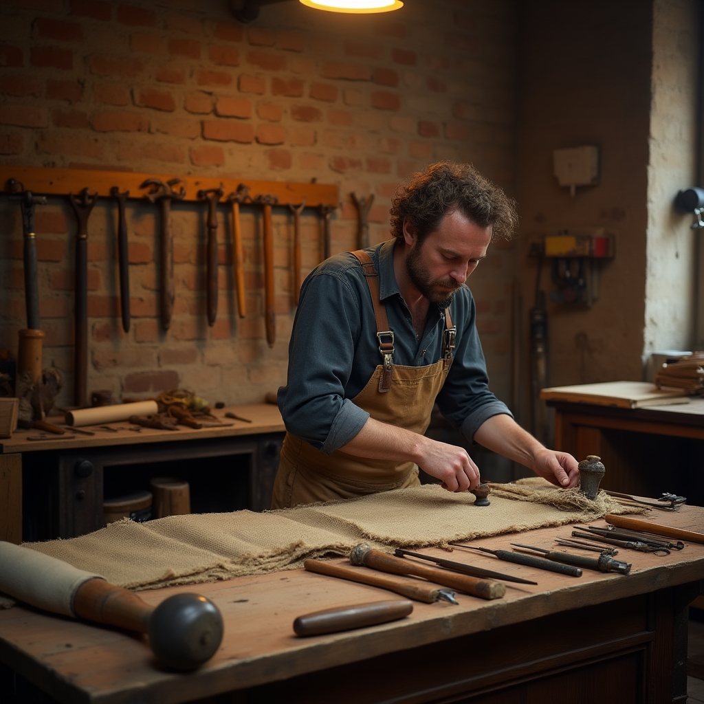 Laboratorio di tappezzeria a Torino con strumenti artigianali tradizionali
