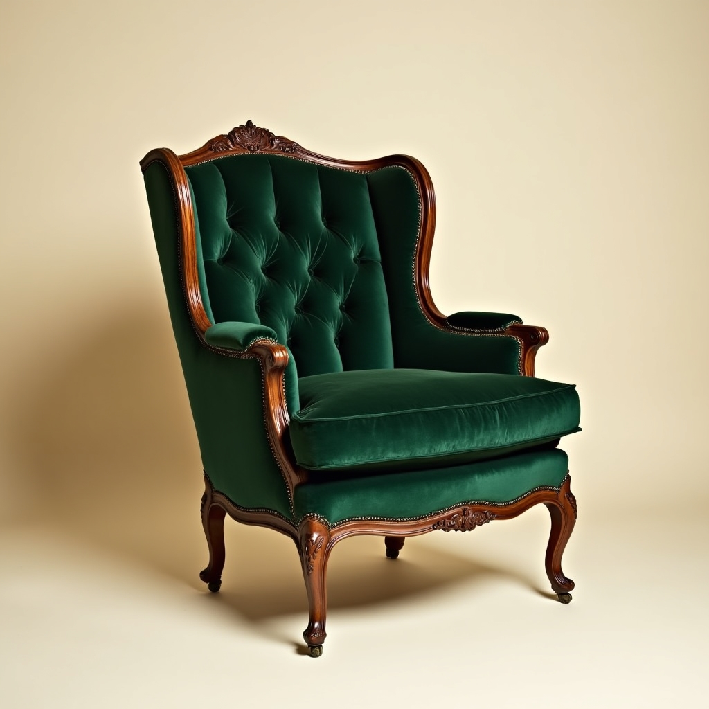 Poltrona d'epoca completamente restaurata con rivestimento in velluto blu e capitonné sullo schienale