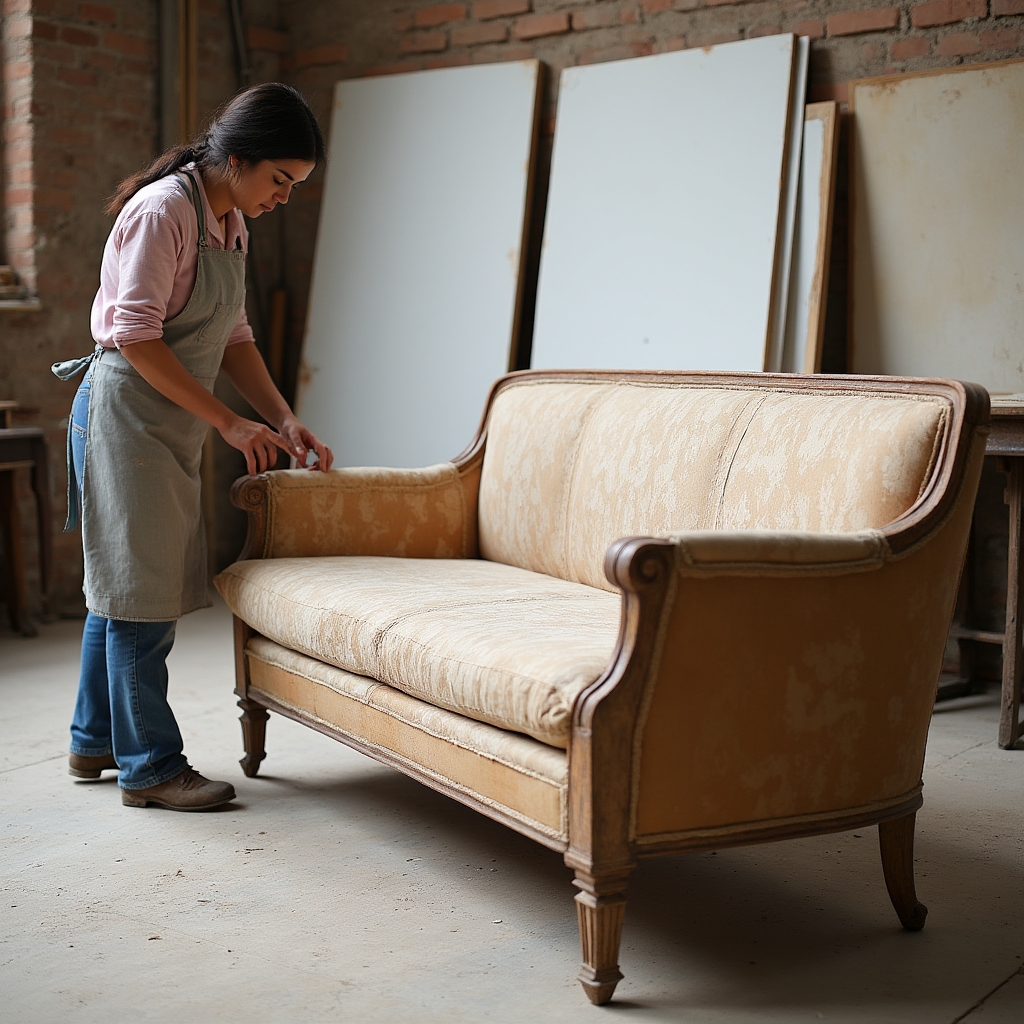 Divano d'epoca in fase di restauro con struttura in legno esposta e primo strato di imbottitura